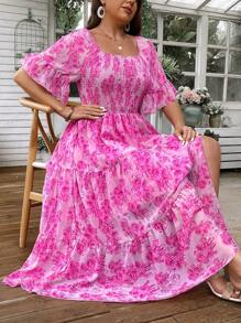 SHEIN Clasi 夏季大码花卉雪纺连衣裙，方形领口，荷叶边下摆和优雅饰边，长款女装 - 粉色 - 查看 4