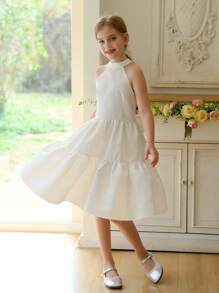 A White Bow Patchwork Dress For Tween Girls Has Hit The Market. Comfortable, Stylish, Elegant And Generous For Everyday Wear. - White - View 4