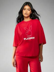 Missguided x Playboy Áo thun oversize họa tiết thương hiệu Giáng sinh - Đỏ - Xem 1