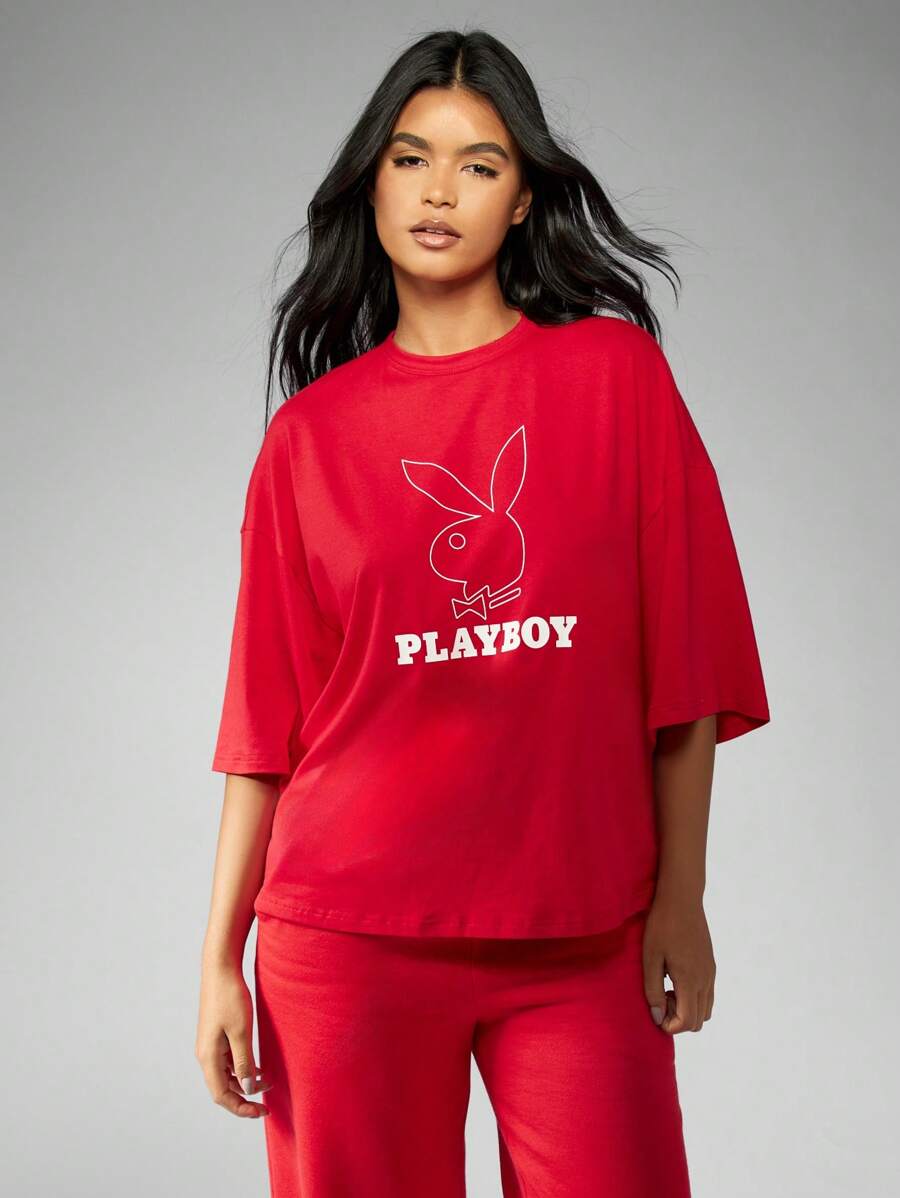 Missguided x Playboy Áo thun oversize họa tiết thương hiệu Giáng sinh - Đỏ - Xem 1