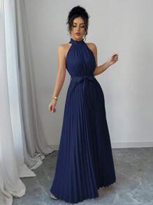 Elenzga 情人节女士荷叶边 V 领褶皱修身喇叭形优雅浪漫连衣裙 - 藏蓝色 - 查看 4