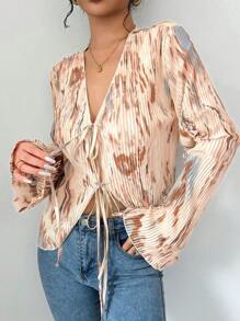 Calvaya Women's Spring Autumn Pleated Tie-Dye Fabric Front Tie Fashion Blouse Women Shirt,Long Sleeve Tops