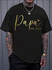 SHEIN 1 件男士时尚休闲金色渐变口号和心形图案印花圆领短袖 T 恤 - 黑色 - 查看 3