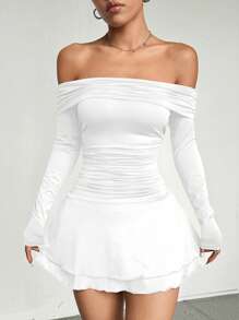 SHEIN Unity 1 件女士休闲、日常、通勤、购物红色褶皱露肩连衣裙，双层荷叶边下摆，适合新年衣服 - 白色 - 查看 3