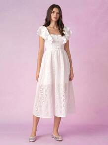 SHEIN MOD Women's White Summer Cottage Core Tea Party Dress,Front Buttoned Double Ruffled Bohemian Pastoral Spring Brunch Holiday Country Easter Dress - White - View 5