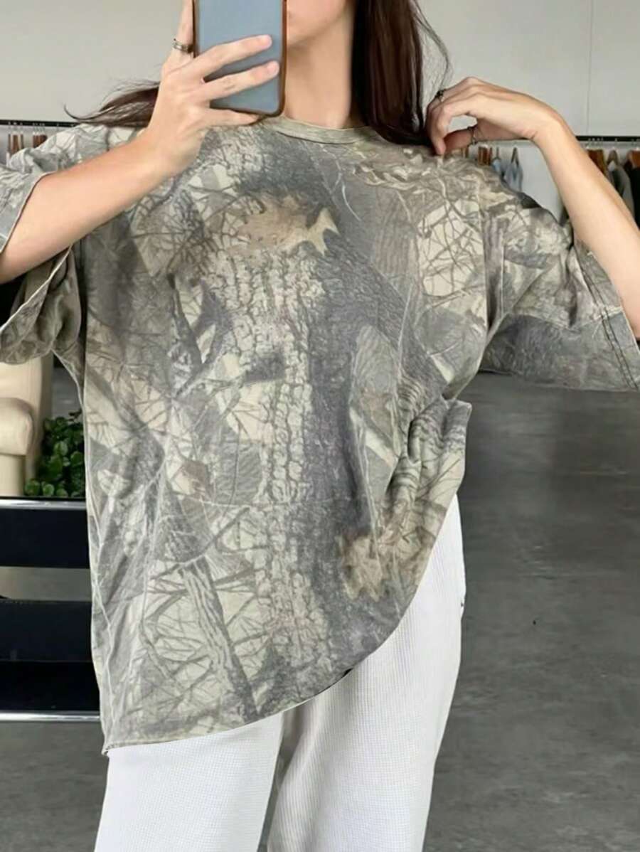 INAWLY Áo thun nữ cổ tròn in hình cành cây rộng rãi, thả vai thường ngày - Nhiều màu - Xem 1