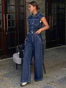Livesso Women's Single-Breasted Casual Vest And Wide Leg Loose Denim Suit