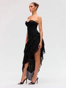 Lumalex Women's Black Elegant Summer Night Out Layered Ruffle Hem Corsage Dress,Semi-See-Through Graduation Cocktail Birthday Dresses For Wedding Banquet - Black - View 5