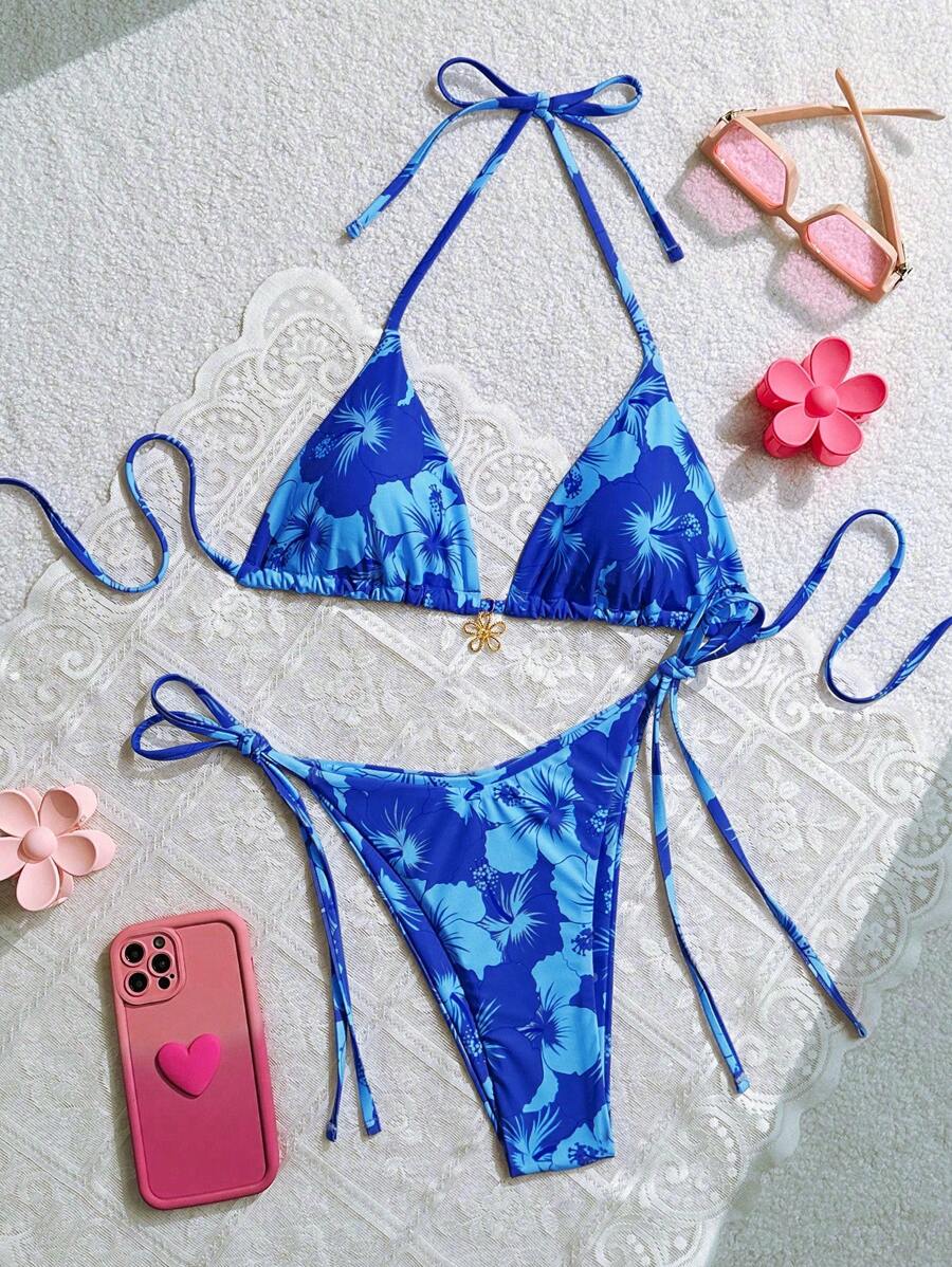 Swim Mod Beach Summer Outfits For Women, Spring Break Floral Print Halter Top And Side Tie Bikini Set
