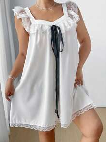 Flirla Plus Size Women's Bowknot Colorblock Ruffled Lace Hem Loose Dress - White - View 4