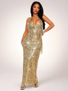 SHEIN SXY 高端派对分层亮片流苏连衣裙，浅金色 - 金色 - 查看 5