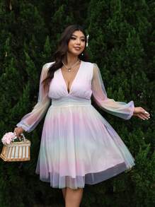 Breezaya Vestido sexy de manga farol con escote profundo en V y malla en tallas grandes para mujer