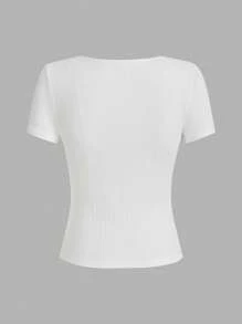 SHEIN EZwear 3 件女式方领修身短袖罗纹 T 恤，适合夏季，安科拉红色 - 彩色 - 查看 5