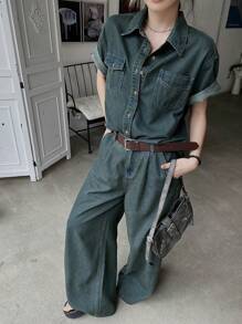 DAZY 2pcs Women Retro Denim Outfit - Pocket Denim Top And Pants Set - Blue - View 4