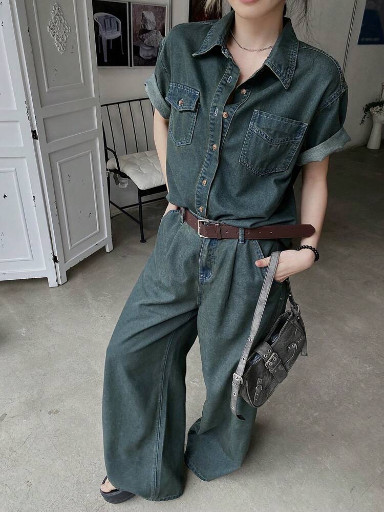 2pcs Women Retro Denim Outfit - Pocket Denim Top And Pants Set