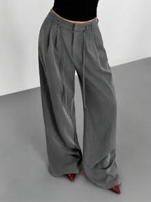 Muchica Women's Casual Grey Woven Fabric Long Suit Pants With Zipper Detail And Wide Leg - Grey - View 4