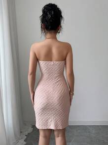 Elenzga Simple Strapless Cinched Waist Bodycon Pink Tube Dress For Women - Multicolor - View 2