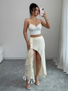 Elenzga 杏色皱褶荷叶边下摆优雅浪漫女式半身裙 - 杏色 - 查看 6