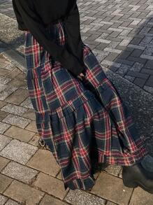 FRIFUL 女士弹力腰格子荷叶边宽松长款休闲A字裙 - 紅色 - 查看 4