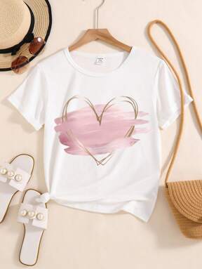 GraphicGems Tween-Mädchen Kurzärmliges T-Shirt mit rosa Herz Muster, lässig und bequem, Mädchen, tolles Geburtstagsgeschenk