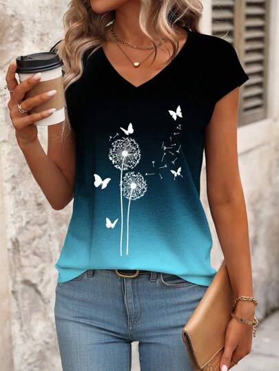 SHEIN Top de mujer con escote en V y manga corta en degradado, minimalista y de moda, adecuado para el verano