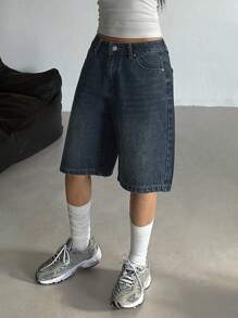 DAZY 新款春季女式宽松直筒休闲牛仔短裤 - 藍色 - 查看 5