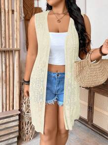 SHEIN Clasi Áo Cardigan không tay màu trơn hở vai cỡ lớn đi biển nghỉ dưỡng - Màu be - Xem 2