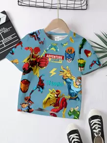 SHEIN Leap Crew 年轻男孩休闲简约圆领短袖宽松T恤，适合夏季