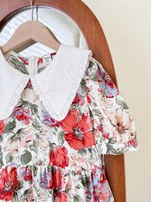 SHEIN Leap Crew Tween Girls' Color Block Peter Pan Collar Puff Sleeve Floral Print Long Dress - Apricot - View 5