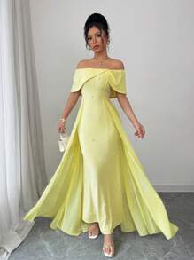 Rafferiza French Elegant Cocktail Party Wedding Guest Off Shoulder Ruched Bodycon Chiffon See-Through Flowy Mermaid Dress, Yellow, Women, Spring/Summer - Yellow - View 4