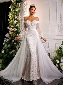 Glamrae 优雅奢华的3D刺绣蕾丝薄纱美人鱼裙摆礼服，拖尾长度，适合婚礼、派对、蜜月、新娘礼服、婚纱、情人节等场合。 - 米色 - 查看 3