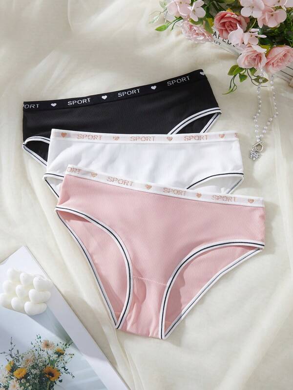 3 pièces/pack Culottes décontractées avec rayures et lettres pour adolescentes