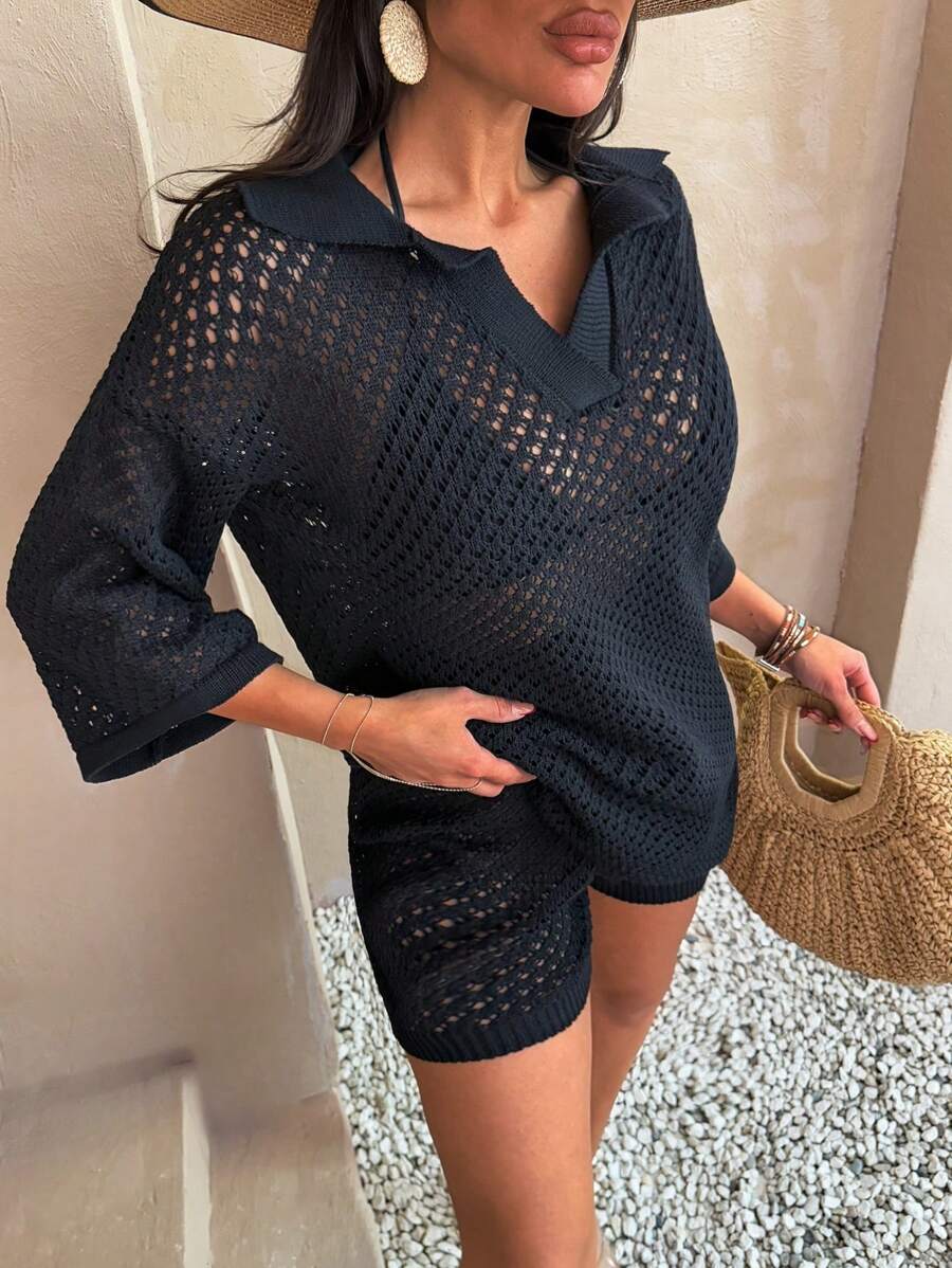 RueChic Conjunto informal de top de punto de malla sobredimensionado con cuello polo - perfecto para usar en capas, en color negro, con pantalones cortos