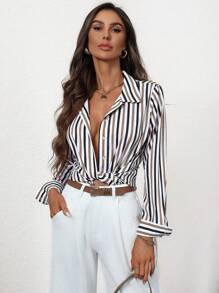 LanaWest Women Striped Long Sleeve Single-Breasted Twist Casual Shirt, Autumn Fall Cloth For Women - Multicolor - View 5