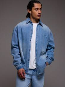 Musero Men Washed Collared Pocket Detail Long Sleeve Denim Shirt