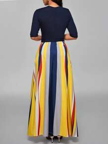 SHEIN Unity Women's Elegant Colorblock Striped Print Patchwork Dress - Blue - View 2