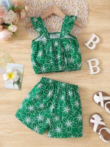 SHEIN Set 2 bucăți pentru fete tinere: top cu mâneci tip șapcă cu imprimeu floral și pantaloni scurți, casual