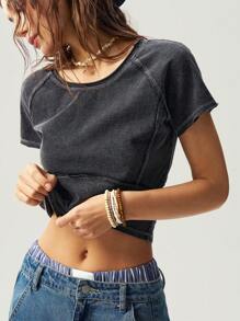 Bohemela Boho Women Open Back Solid Knitted Boat Neck Short Sleeve Fitted Cropped T-Shirt, Spring/Summer - Black - View 6
