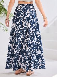 SHEIN Jupe longue décontractée pour les vacances à la plage, imprimé floral et végétal bleu et blanc, froncée, pour les adolescentes. Printemps et été