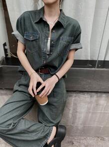 DAZY 2pcs Women Retro Denim Outfit - Pocket Denim Top And Pants Set - Blue - View 5