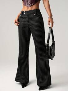 SHEIN ICON Quần ống loe sọc cạp thấp thời trang Y2K đi làm dành cho nữ, mặc hàng ngày - màu đen - Xem 3