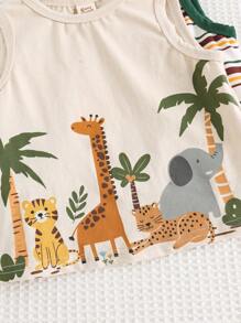 Cozy Pixies 4pcs Baby Boy Cartoon Animal Print Soft Knitted Crew Neck Sleeveless Tank Top & Elastic Waist Shorts Set