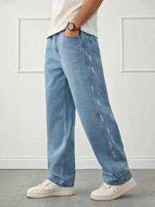 RueChic Men Light Blue Washed Patched Ripped Loose Fit Jeans - Blue - View 4