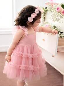 Vestido de verano rosado con volantes de malla para bebé niña, conjunto a juego madre e hija (se venden por separado 2 piezas) - Rosa - Ver 4