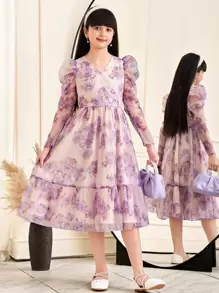 SHEIN Leap Crew Tween Girls' Elegant V-Neck Bishop Sleeve Floral Print Waisted Mid-Calf Dress - Apricot - View 6