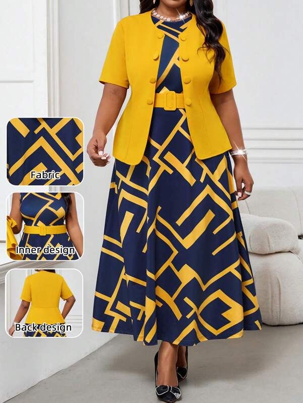 SHEIN Lady Plus Size Contrast Color Geometric Print Skirt Teacher Clothing Set Women's Two Pieces Summer Women's Suit Valentine's Day Vacation Outfits Woman New Year Party Sundress Lounge Sets For Women Church Clothes Women Spring Outfits For Women