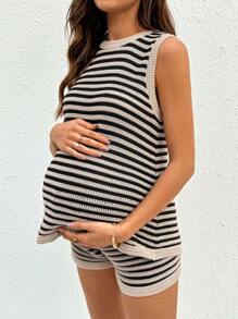 SHEIN Maternity Striped Knitted Camisole And Shorts 2 Pieces Set, Casual Holiday Outfit 2 Pieces Dress Set Summer Outfits For Women