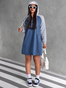 SHEIN EZwear Women's Color Block Raglan Sleeve Hooded Denim Dress - Medium Wash - View 5