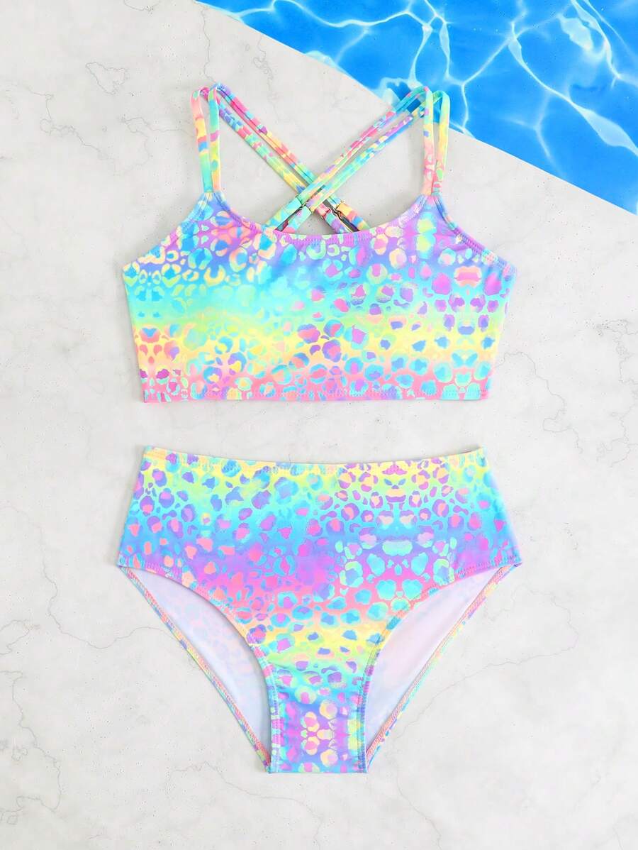 SHEIN Tween Girl Ombre Leopard Print Swimwear Set Summer Pink Swim Bohemian Summer Holiday Cute - Multicolor - View 1