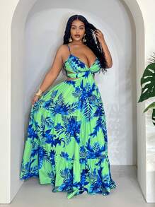 Slaydiva 女式夏季度假性感露背花卉印花长裙，可调节腰带 - 彩色 - 查看 2